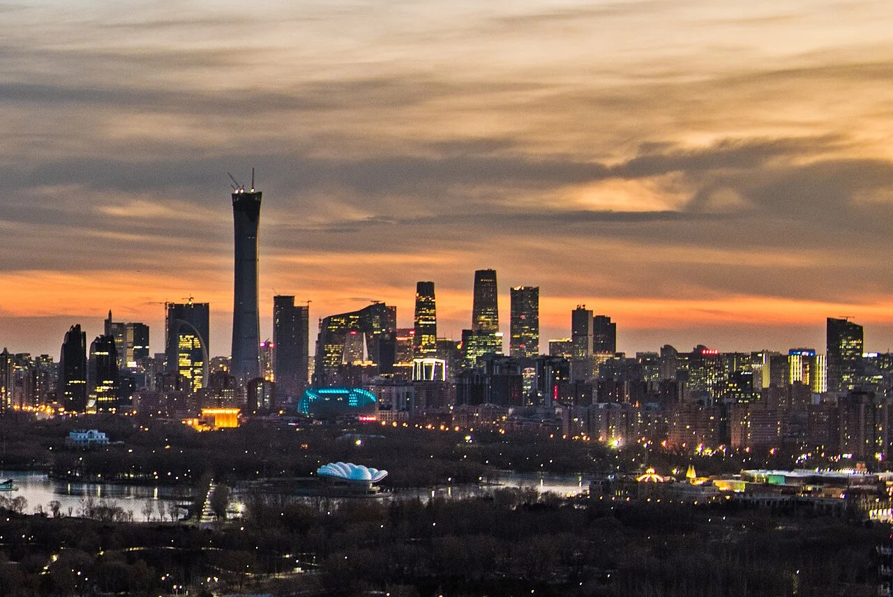 Beijing central business district skyline at sunset