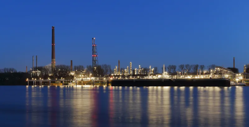 Illuminated process plant at Wesseling at dusk